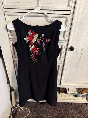 CDC Black Midi Dress with Red & Pink Floral Embroidery